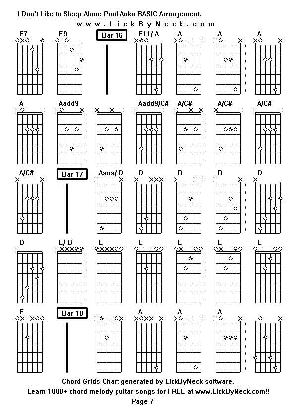 Chord Grids Chart of chord melody fingerstyle guitar song-I Don't Like to Sleep Alone-Paul Anka-BASIC Arrangement,generated by LickByNeck software.